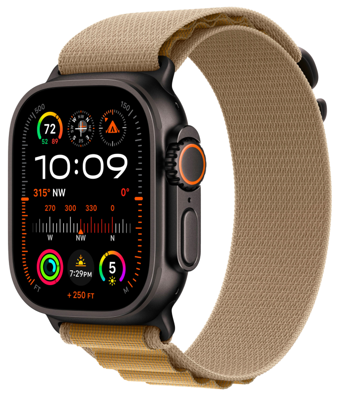 Apple Watch Ultra 2, 49 мм, корпус из титана цвета Чёрный (Black Titanium), ремешок Alpine, цвет оливковый, L