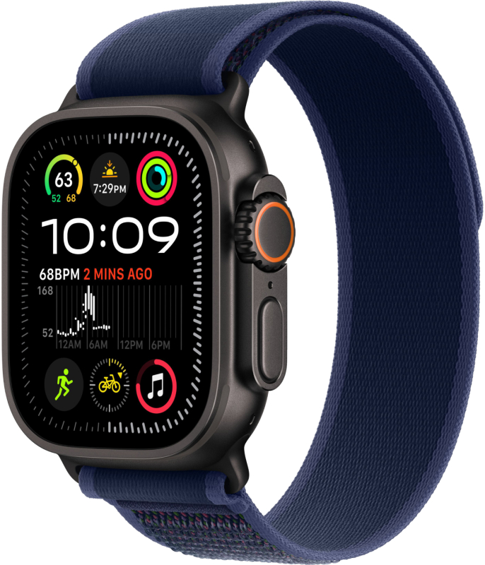 Apple Watch Ultra 2, 49 мм, корпус из титана цвета Чёрный (Black Titanium), ремешок Trail, цвет синий, S/M