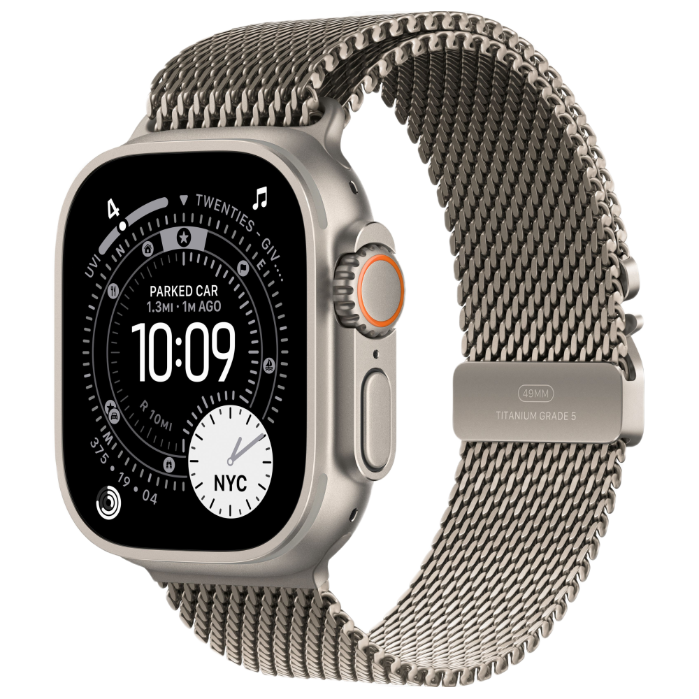 Apple Watch Ultra 3, 49 мм, корпус из титана цвета Серый (Natural Titanium), ремешок Milanese, цвет натуральный титан, L