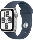Apple Watch SE, 44 мм, корпус из алюминия цвета Серебро, ремешок спортивный, цвет светло синий, M/L